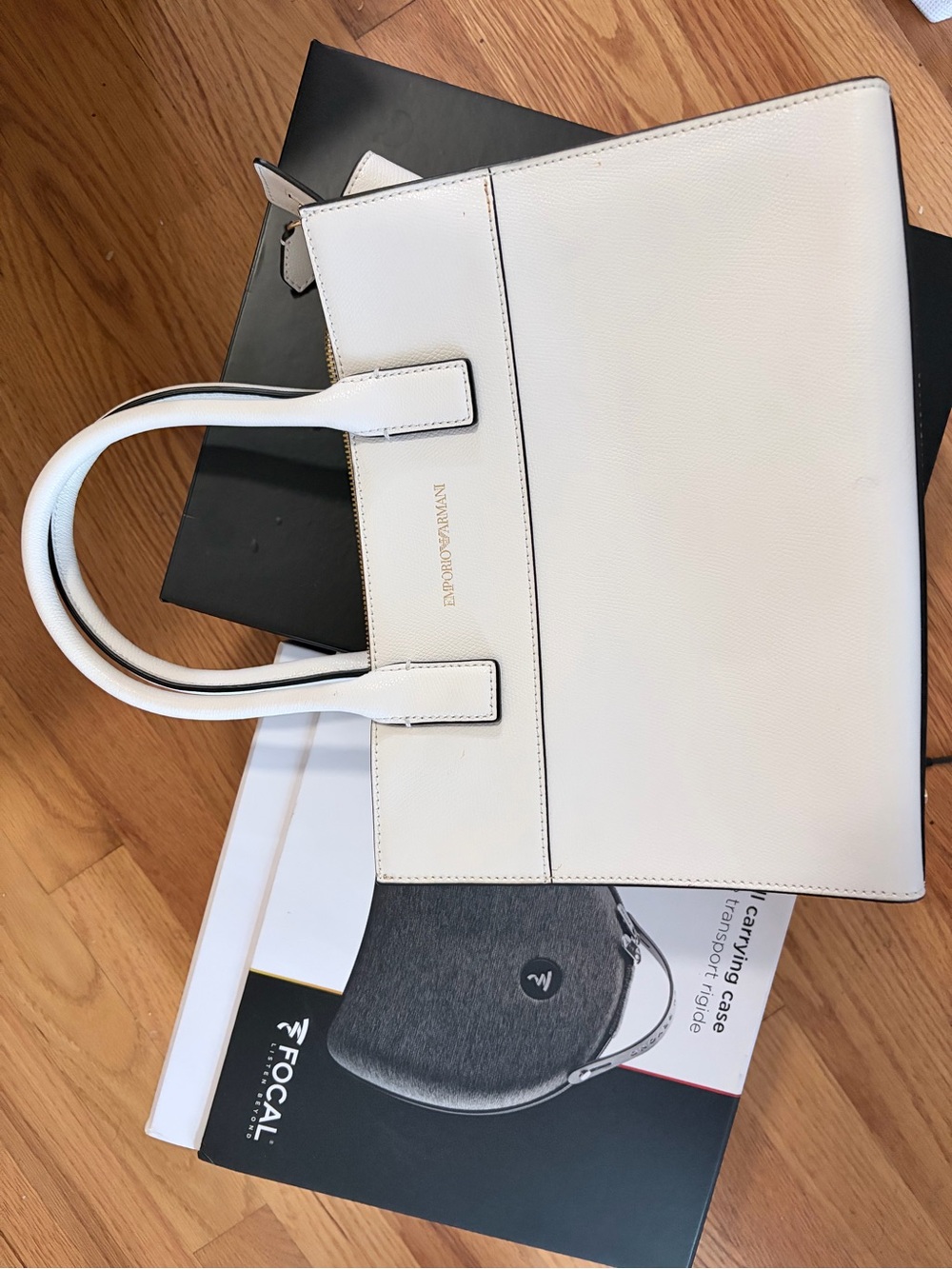 Emporio Armani Cream Leather Tote with Gold Logo